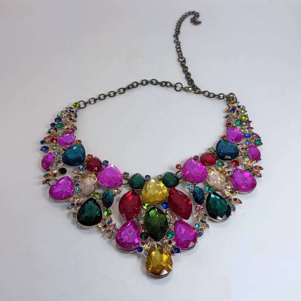 Multi Color Rhinestone Bib Statement Necklace Gold Tone Adjustable Chain